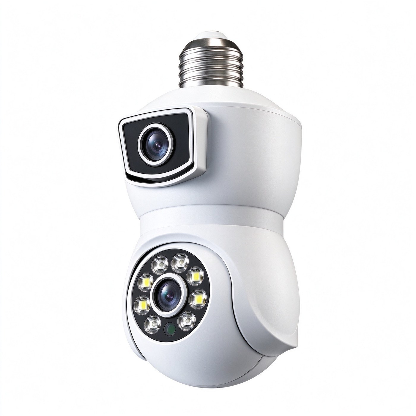MI22 Dual Lens Bulb Camera — Bullet lens + PTZ lens in one E27 body, both views on one screen.