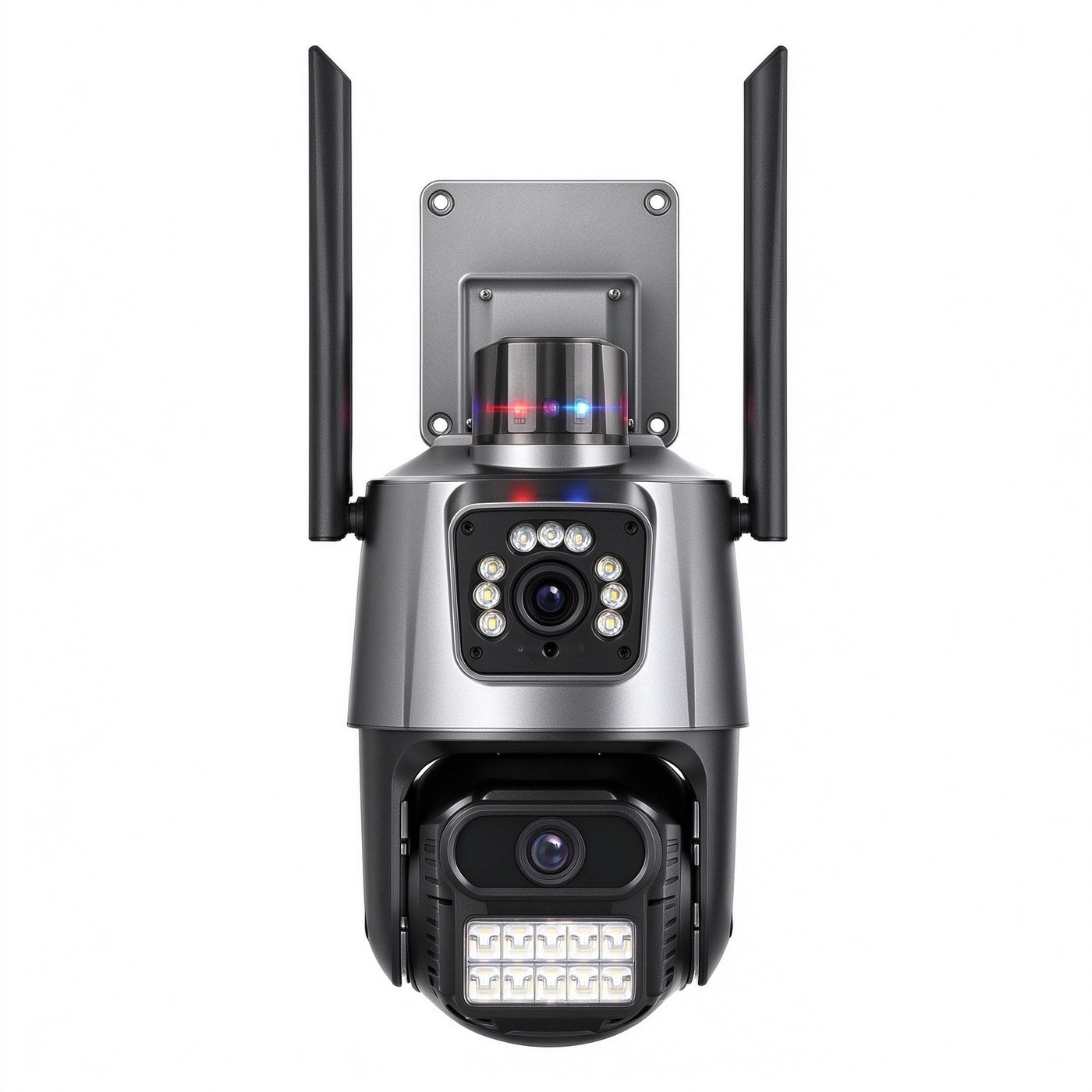 MO24 Dual Lens Camera for Shops & Warehouses — Trading floor and stockroom door — both watched from one housing.