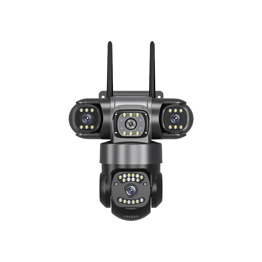 MO31 3-lens outdoor PTZ security camera — three simultaneous views