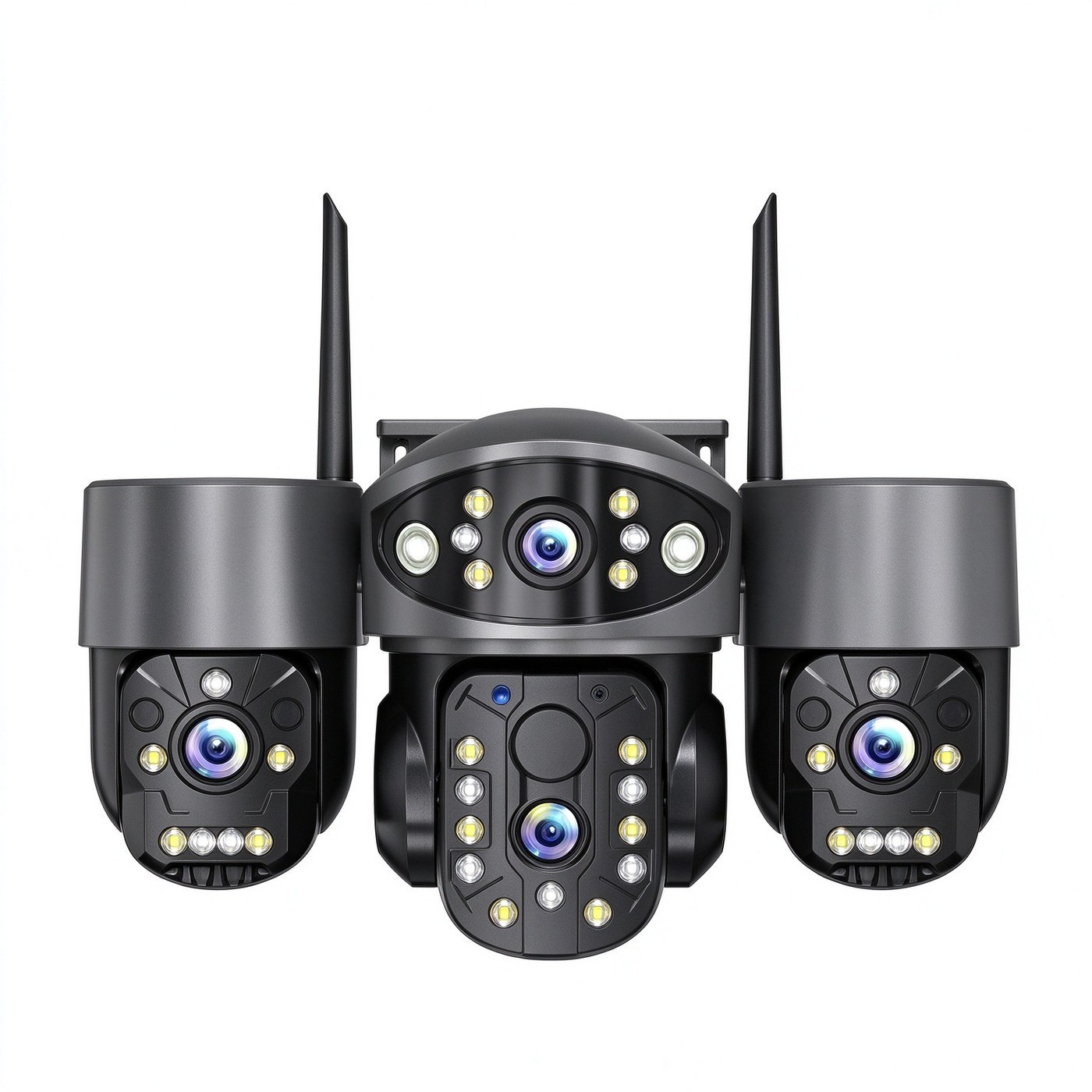 MO33 3-Lens PTZ Outdoor Camera — Three motorized domes aimable from the app while all three keep recording.