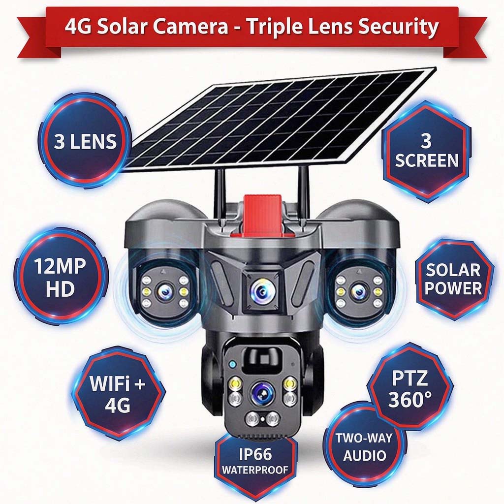 MS31 3-lens solar PTZ security camera — three simultaneous camera channels