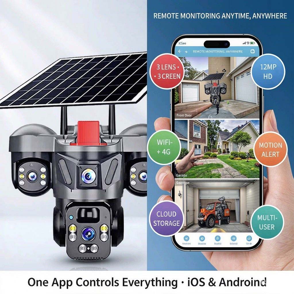 MS31 3-lens solar PTZ security camera — IP66 weatherproof housing