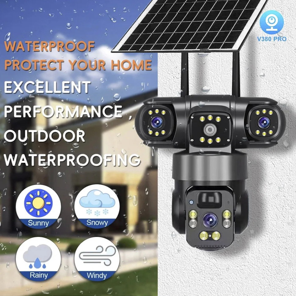 MS32 3-lens solar security camera — three simultaneous views