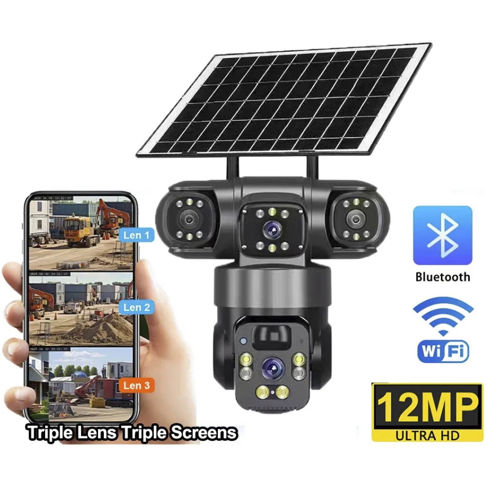 MS32 3-lens solar security camera — 360-degree PTZ remote control