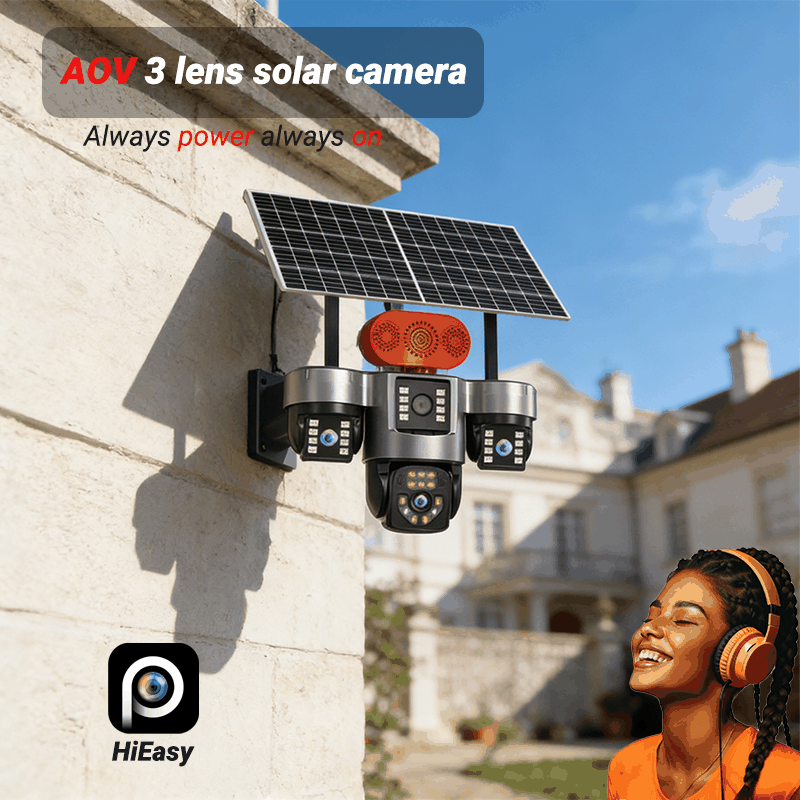 MS33 3-lens solar security camera — 110dB siren and strobe