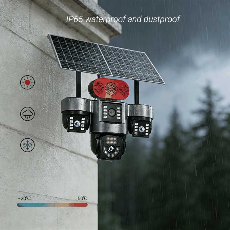 MS33 3-lens solar security camera — three simultaneous views