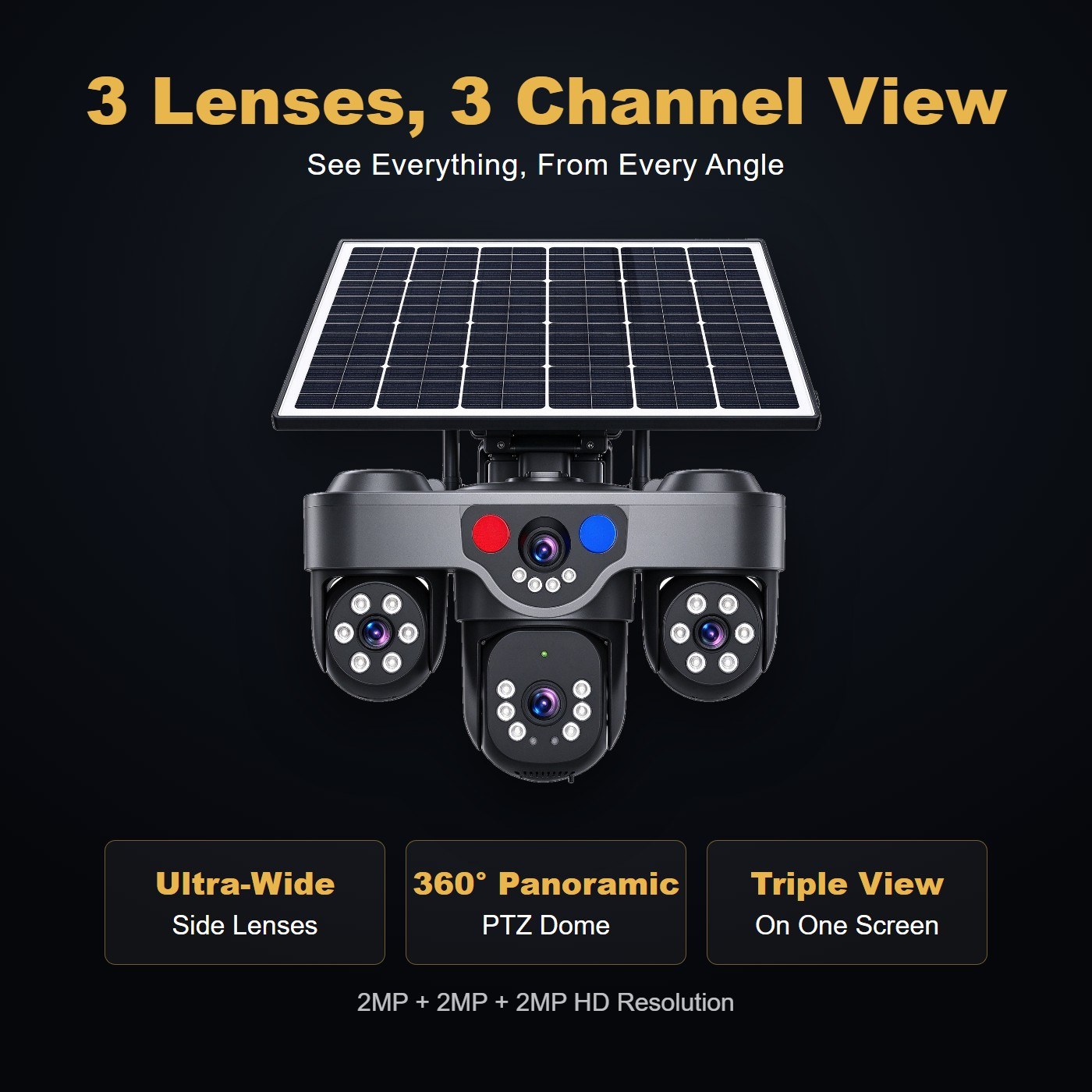 MS36 solar powered wireless outdoor security camera — multi-lens panoramic view
