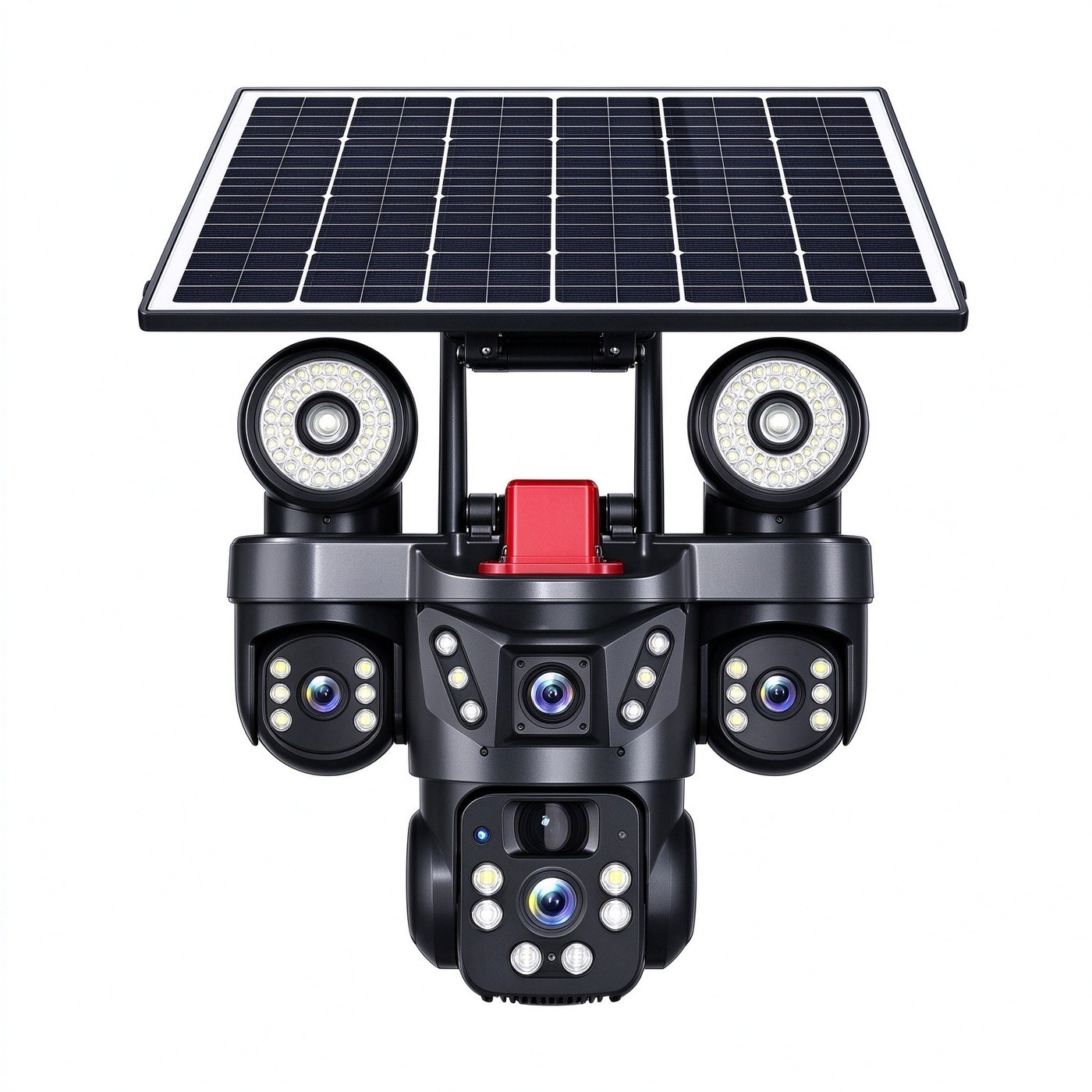 MS38 Solar Security Camera, 3-Lens 360° — Three lenses stitch the whole compound onto one screen from a single pole.
