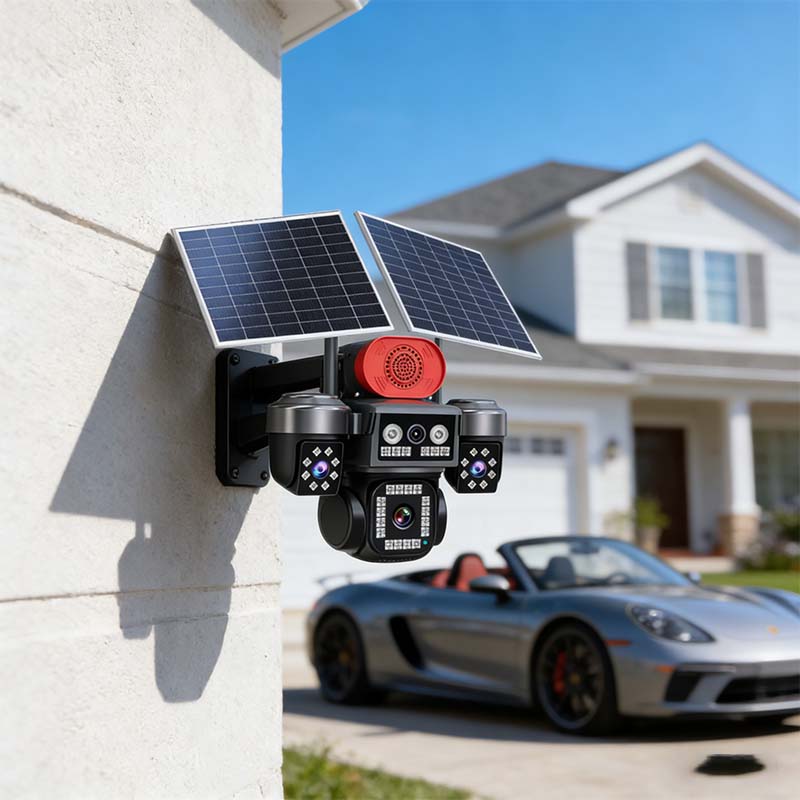 MS42 4-lens solar security camera — 110dB siren deterrence