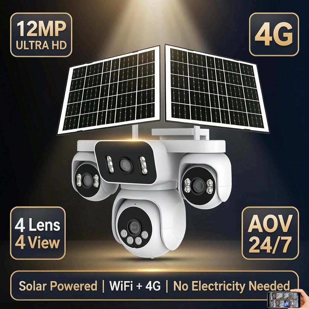MS43 4-lens solar PTZ security camera — four simultaneous live feeds